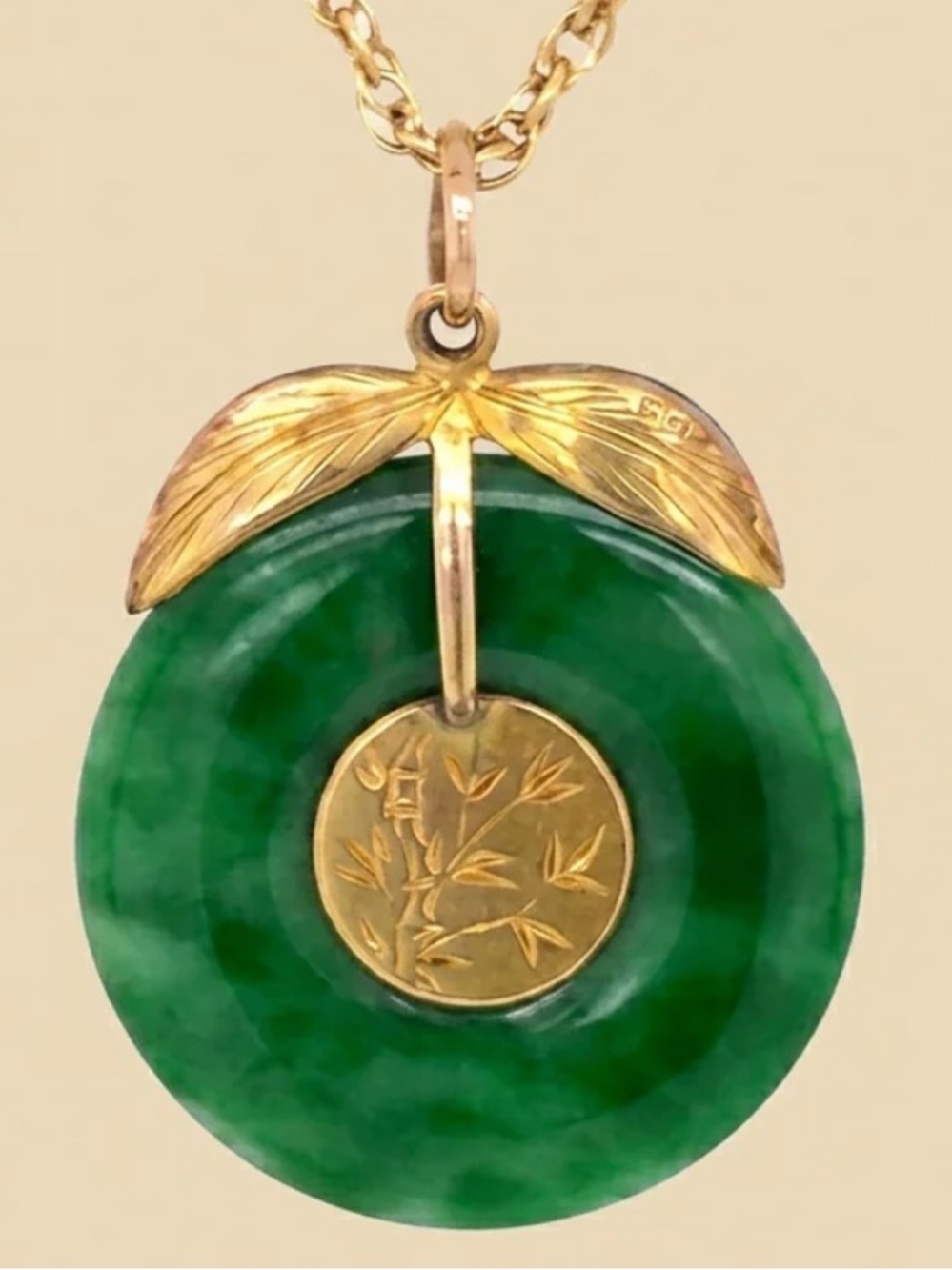 14K Stunning Deep Green Jade in Solid Yellow Gold